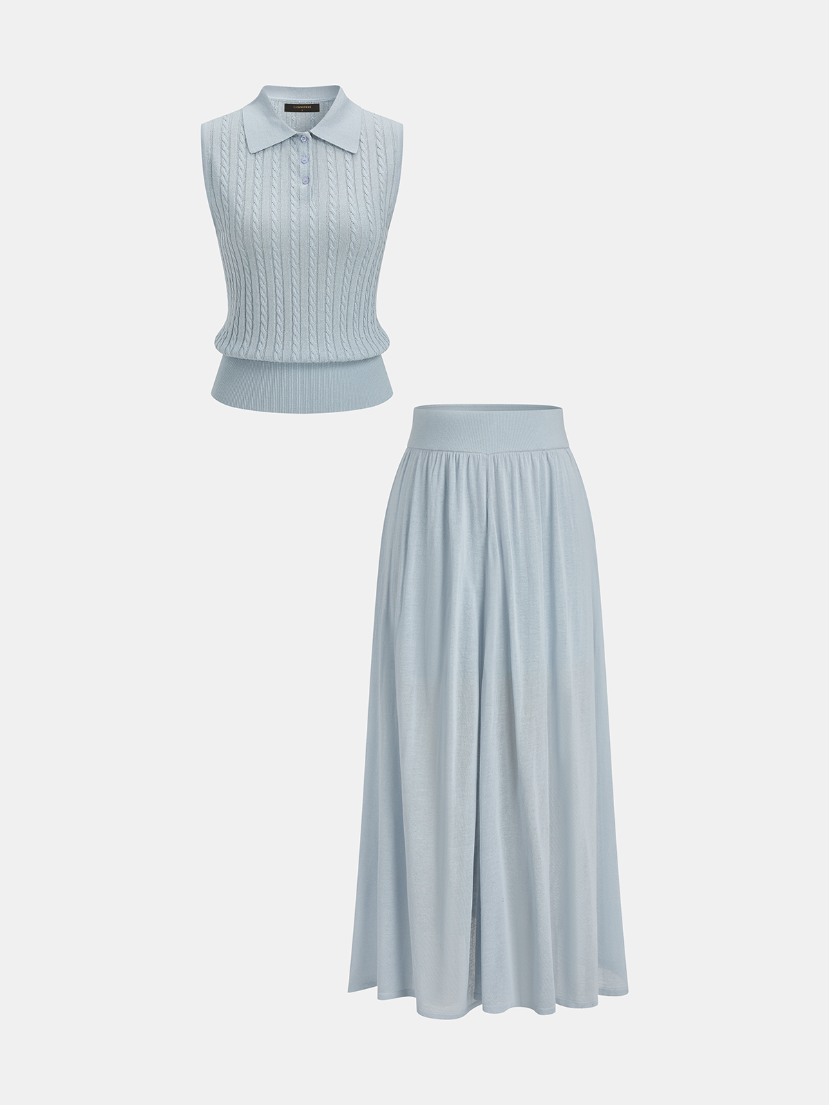 Cable-Knit Polo Top & Maxi Skirt Set for Women, Cozy Autumn Outfit
