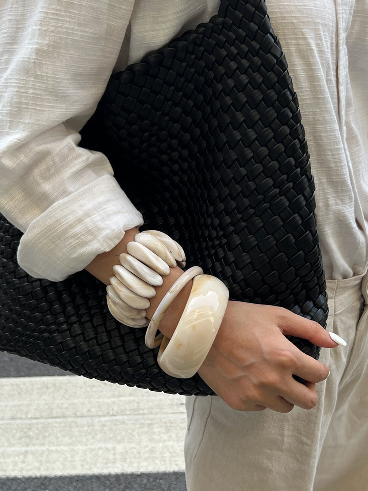 Marble Effect Crescent Beaded Bracelet with Silver Accents Handmade Jewelry