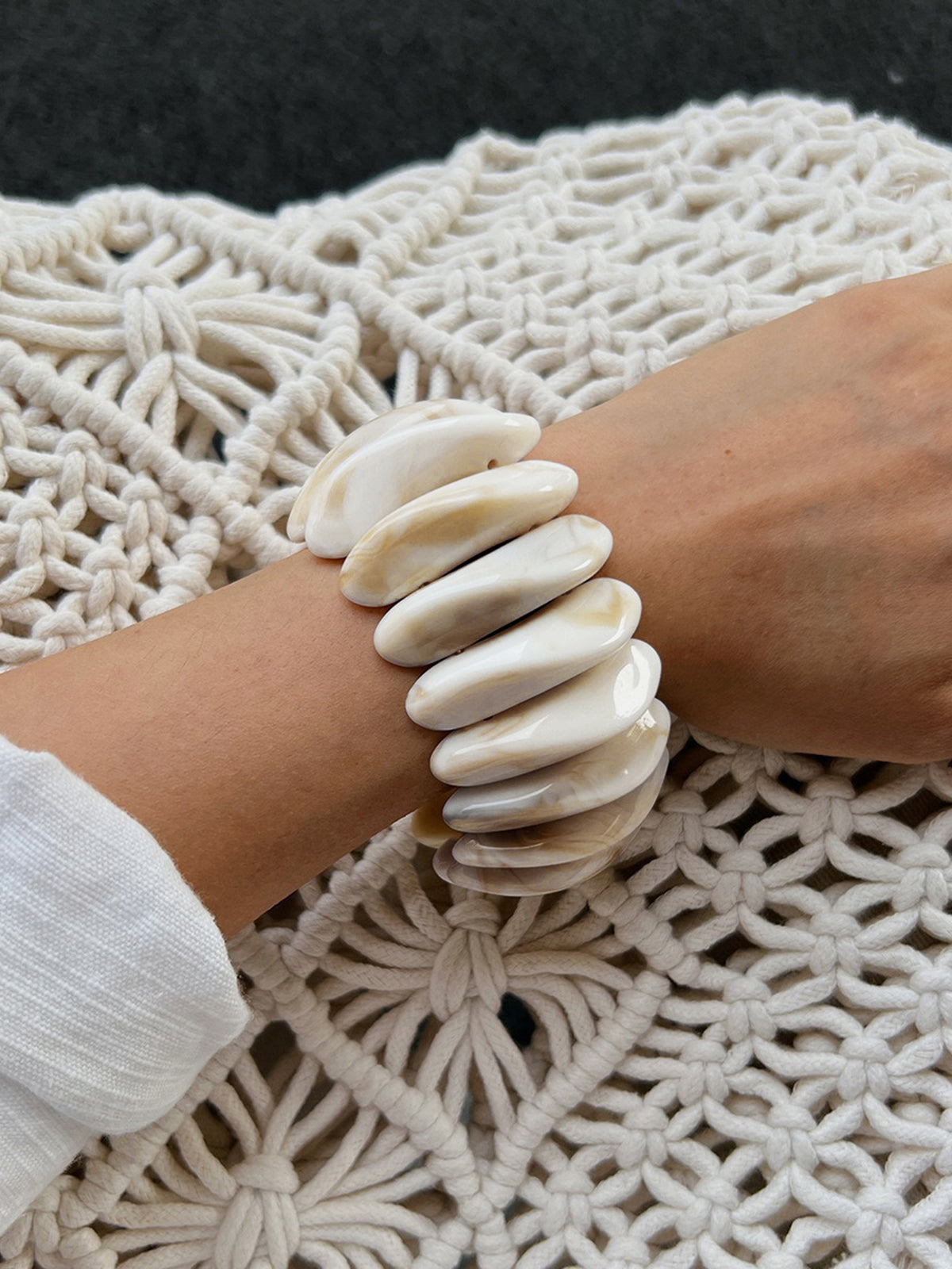 Marble Effect Crescent Beaded Bracelet with Silver Accents Handmade Jewelry