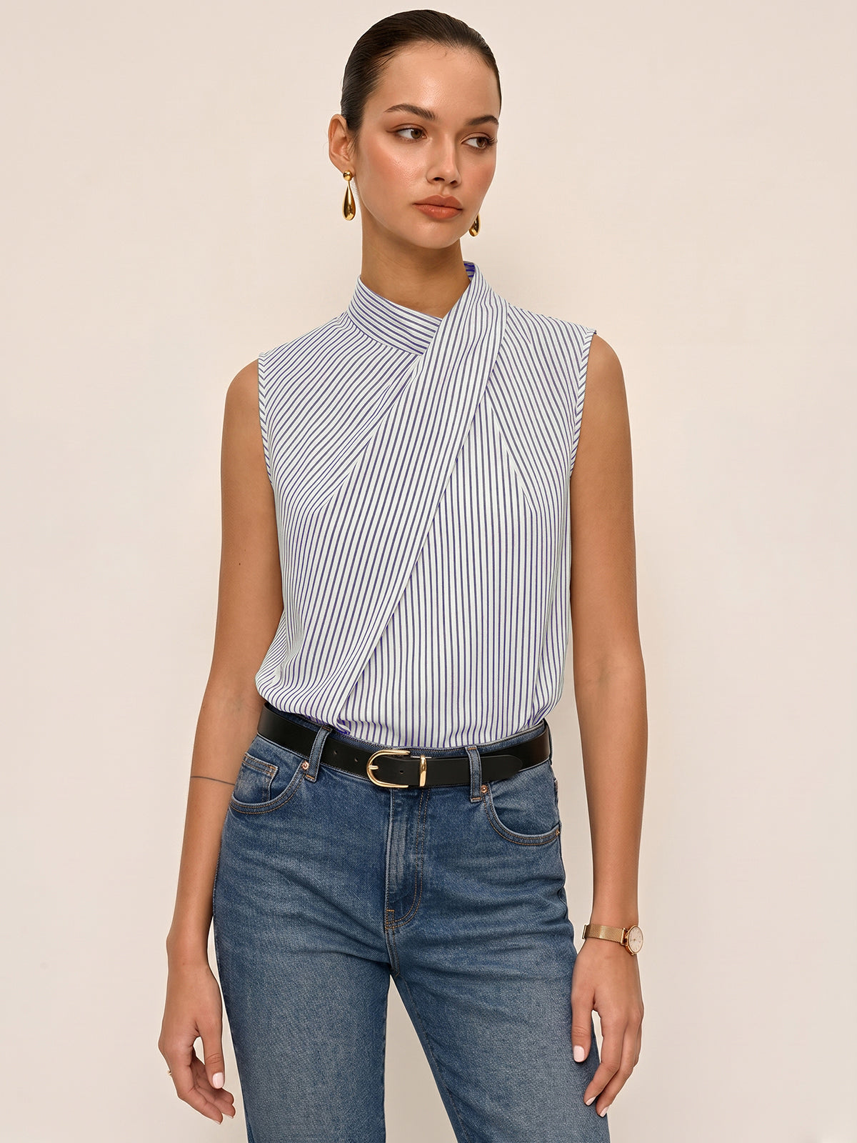 Sleeveless Striped High Neck Blouse for Women Trendy Casual Style