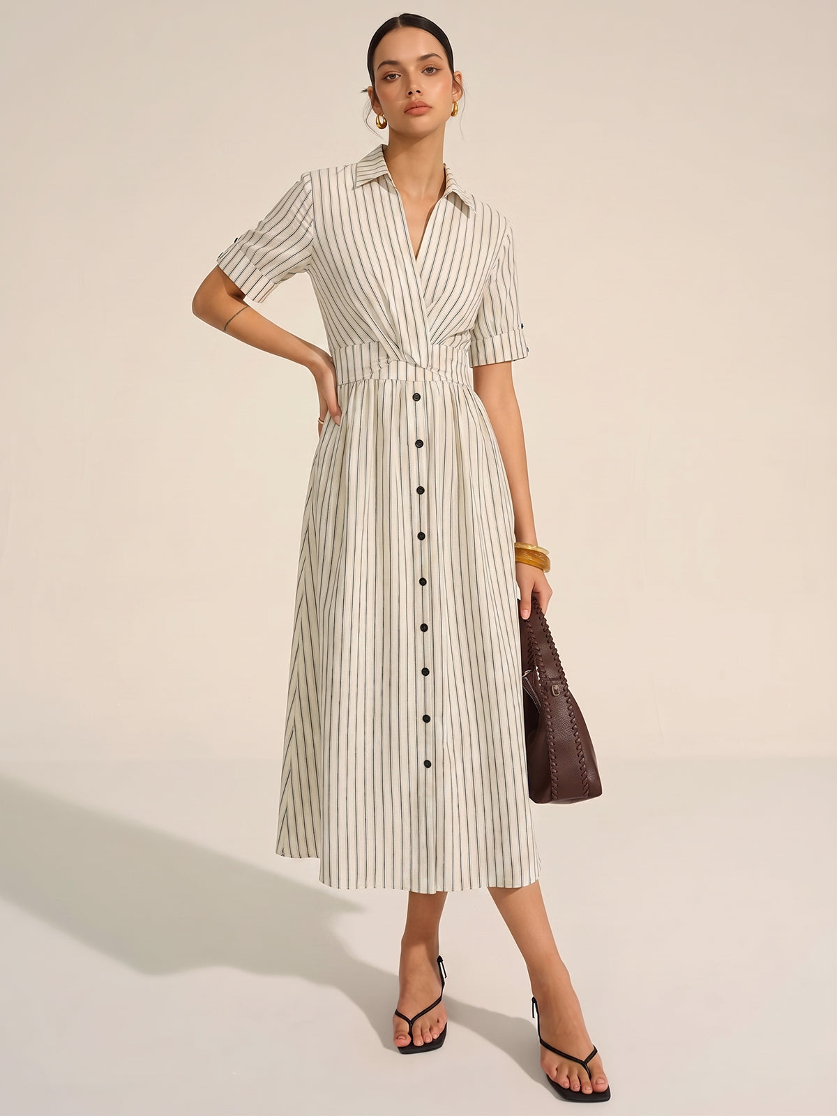 "Casual Summer Cotton Linen Striped Midi Shirt Dress for Women"