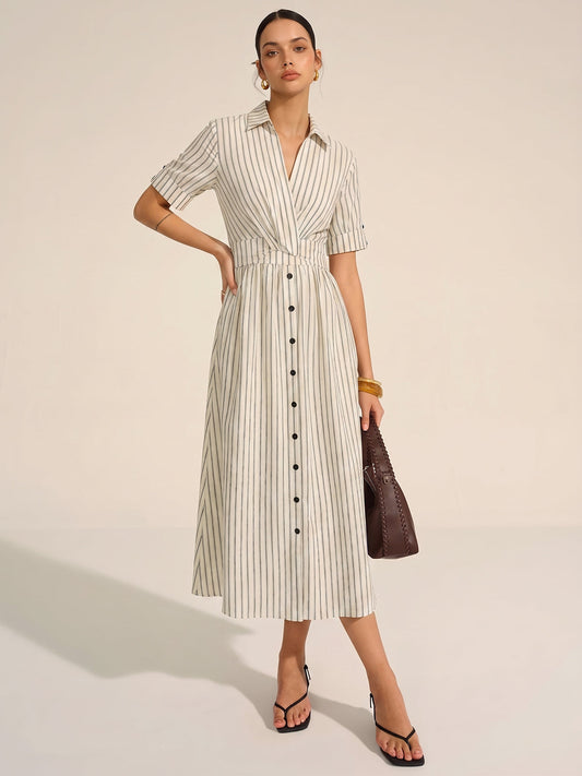 "Casual Summer Cotton Linen Striped Midi Shirt Dress for Women"