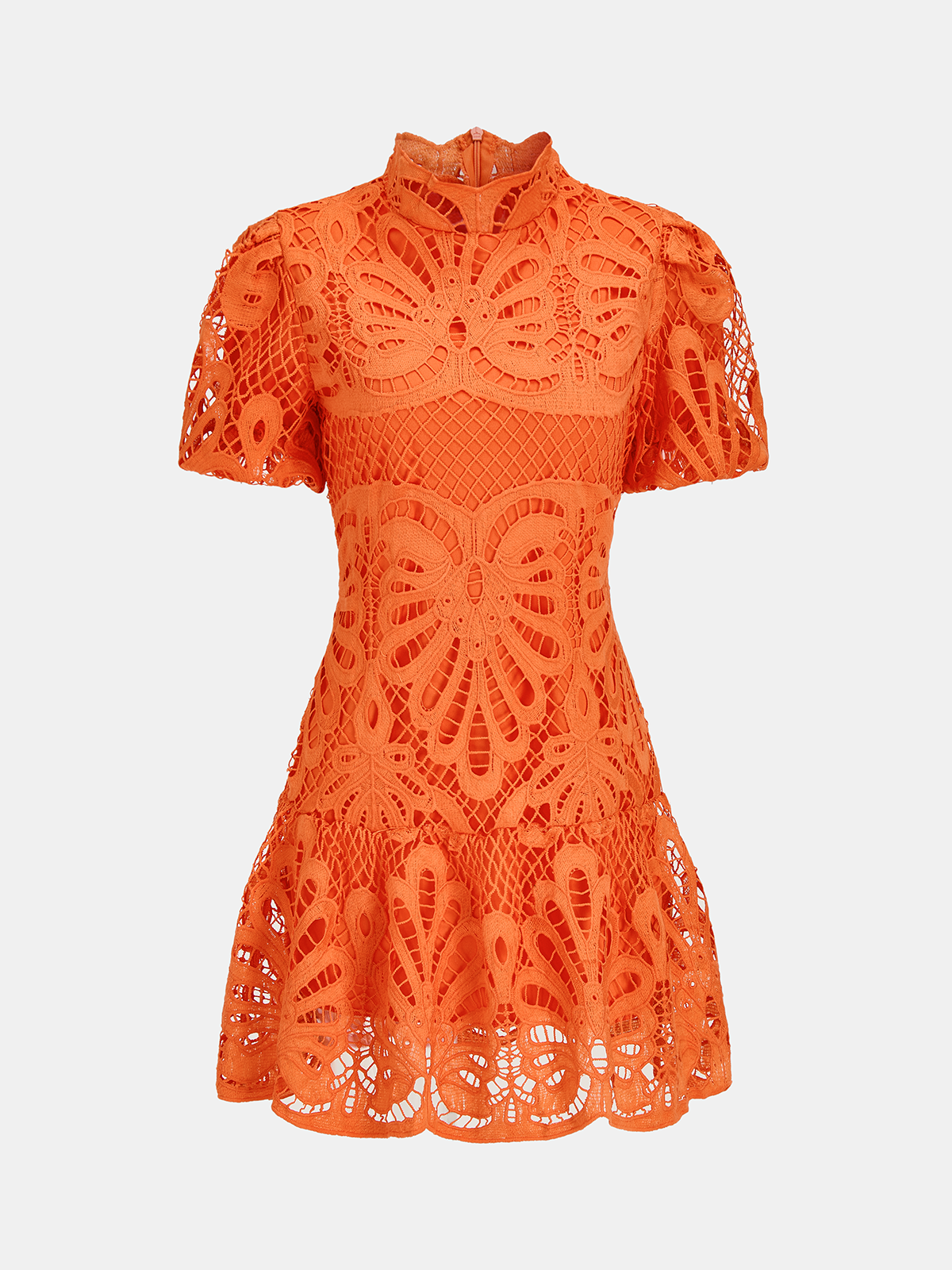 High Neck Short Sleeve Guipure Lace Mini Dress Elegant Floral Detail