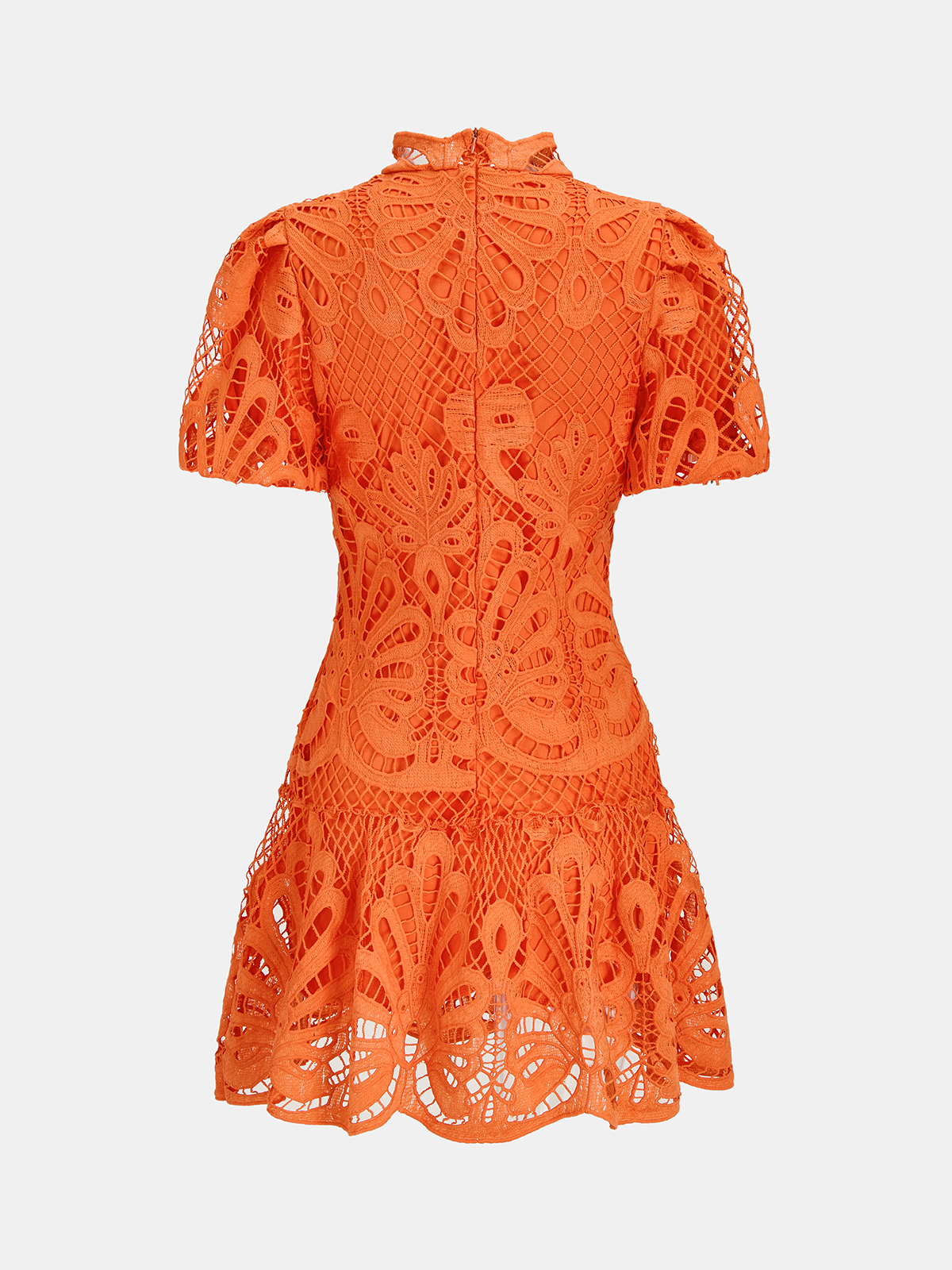 High Neck Short Sleeve Guipure Lace Mini Dress Elegant Floral Detail