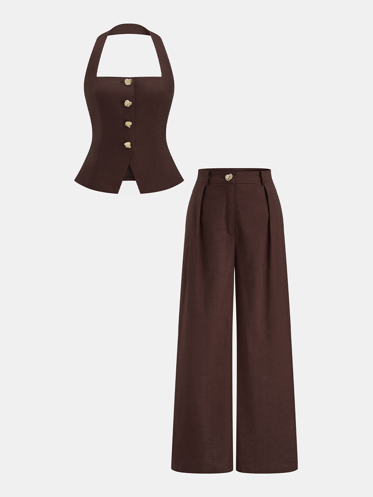 Cotton Linen Halter Buttoned Top & Pants Set - Comfortable Summer Outfit