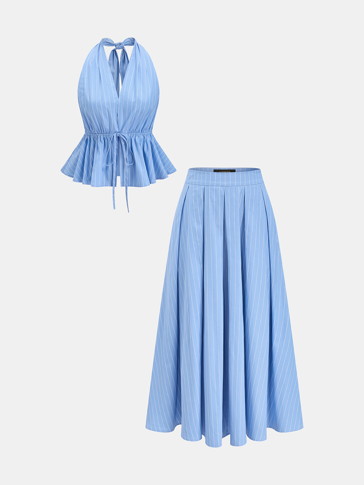 Pinstripe Halter Peplum Top & Pleated Skirt Set for Women's Office Wear