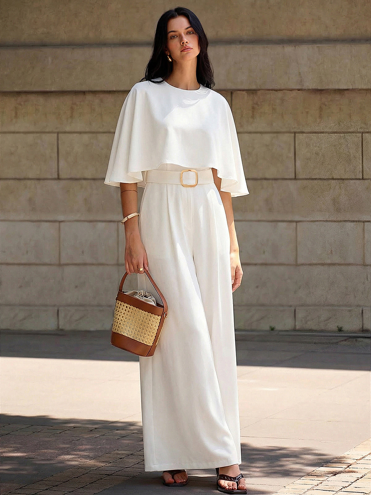 Cape-Sleeve Belted Wide-Leg Jumpsuit for Elegant Evening Events