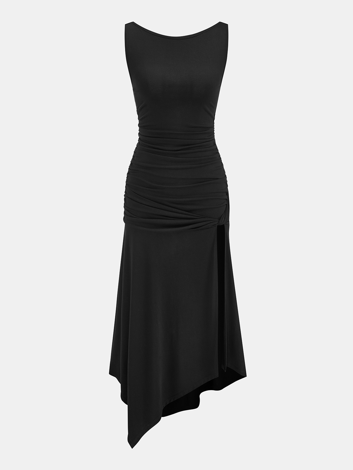 Sleeveless Ruched Asymmetric Maxi Dress for Elegant Evening Events