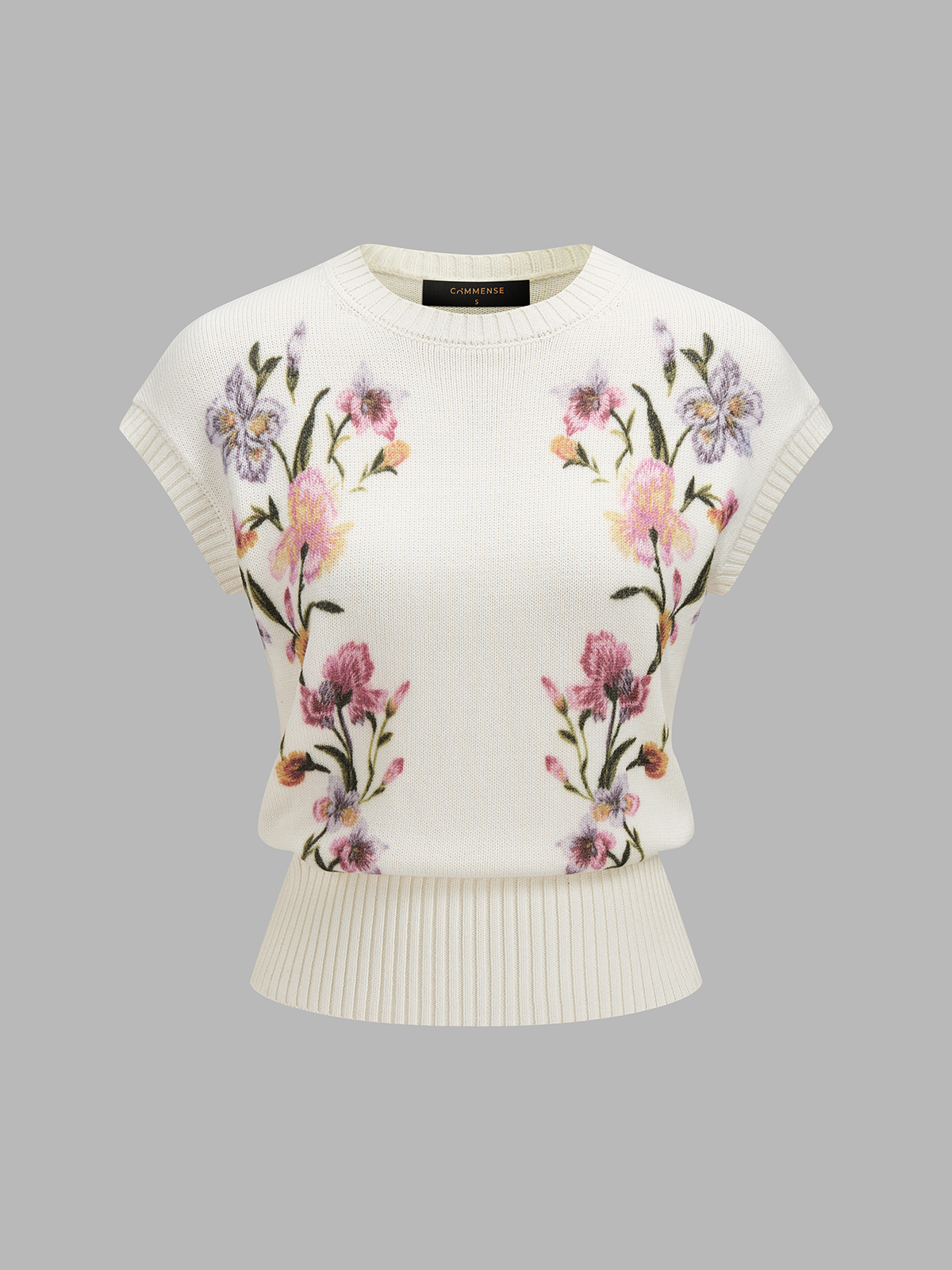 Floral Pattern Round Neck Knit Vest for Women Lightweight Comfort