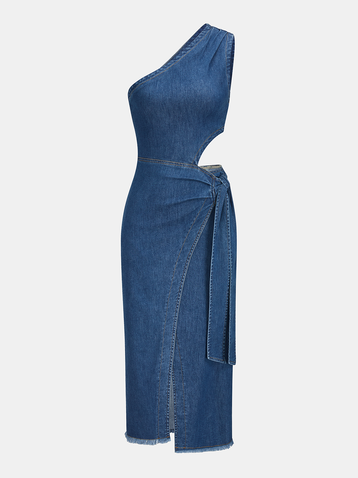 One-Shoulder Cutout Denim Midi Dress with Side Slit Detail