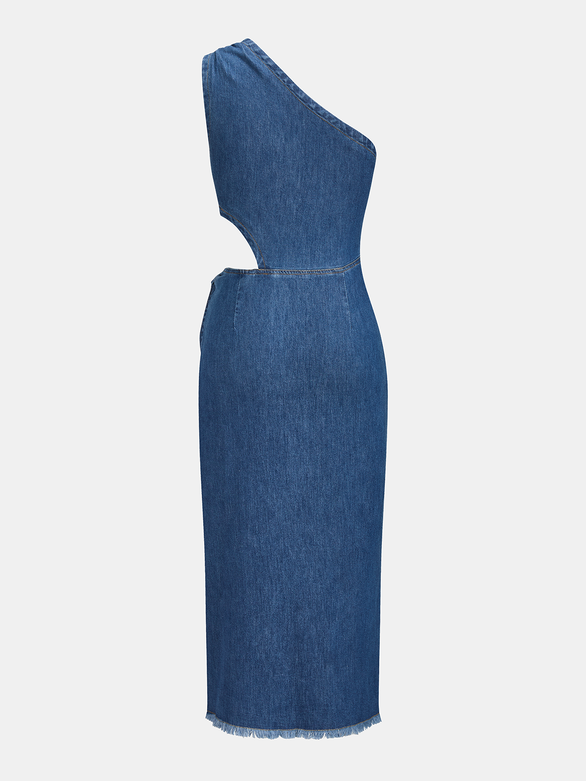 One-Shoulder Cutout Denim Midi Dress with Side Slit Detail