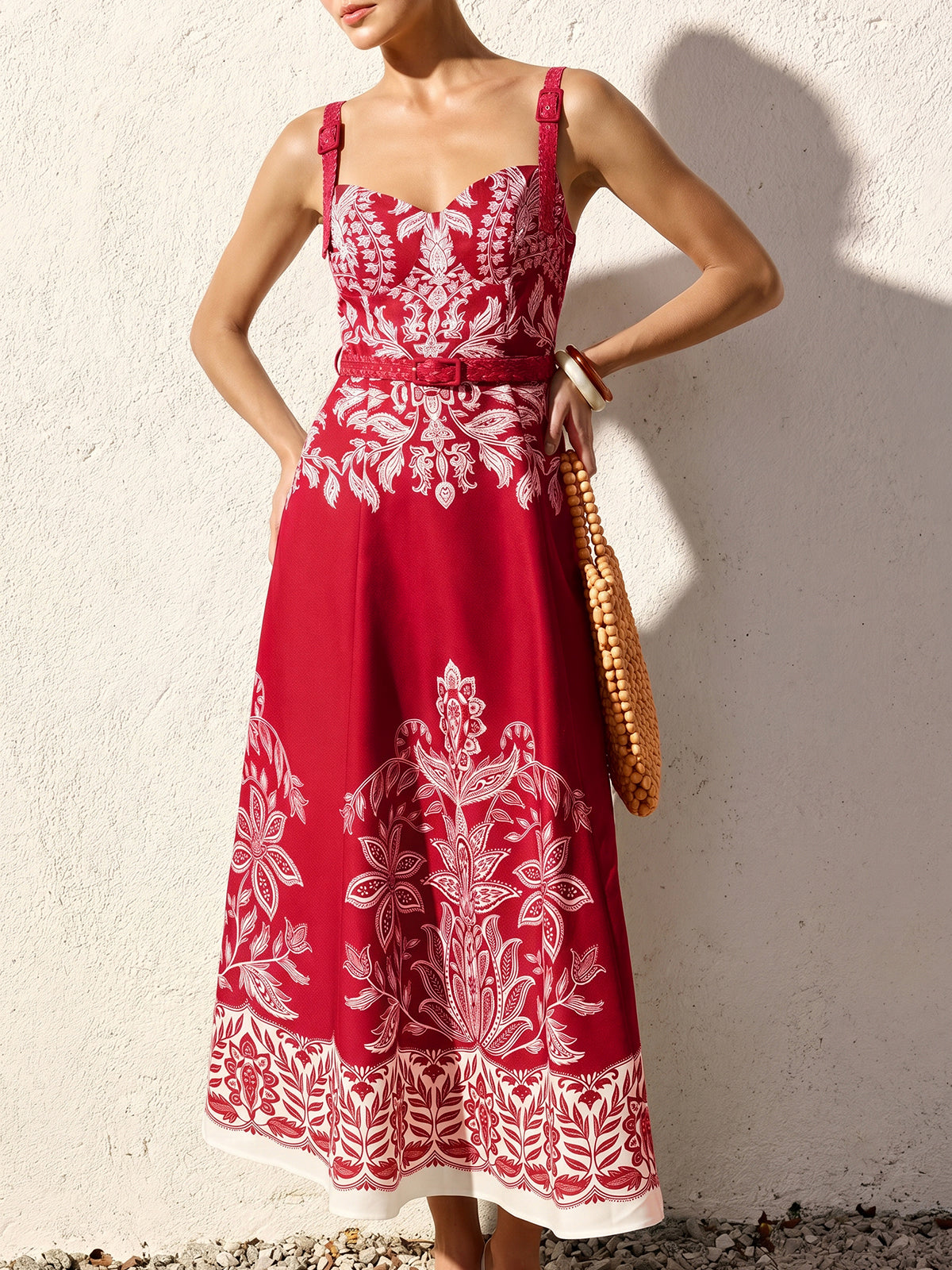 Baroque Floral Print Belted Cami Maxi Dress for Women Elegant Summer