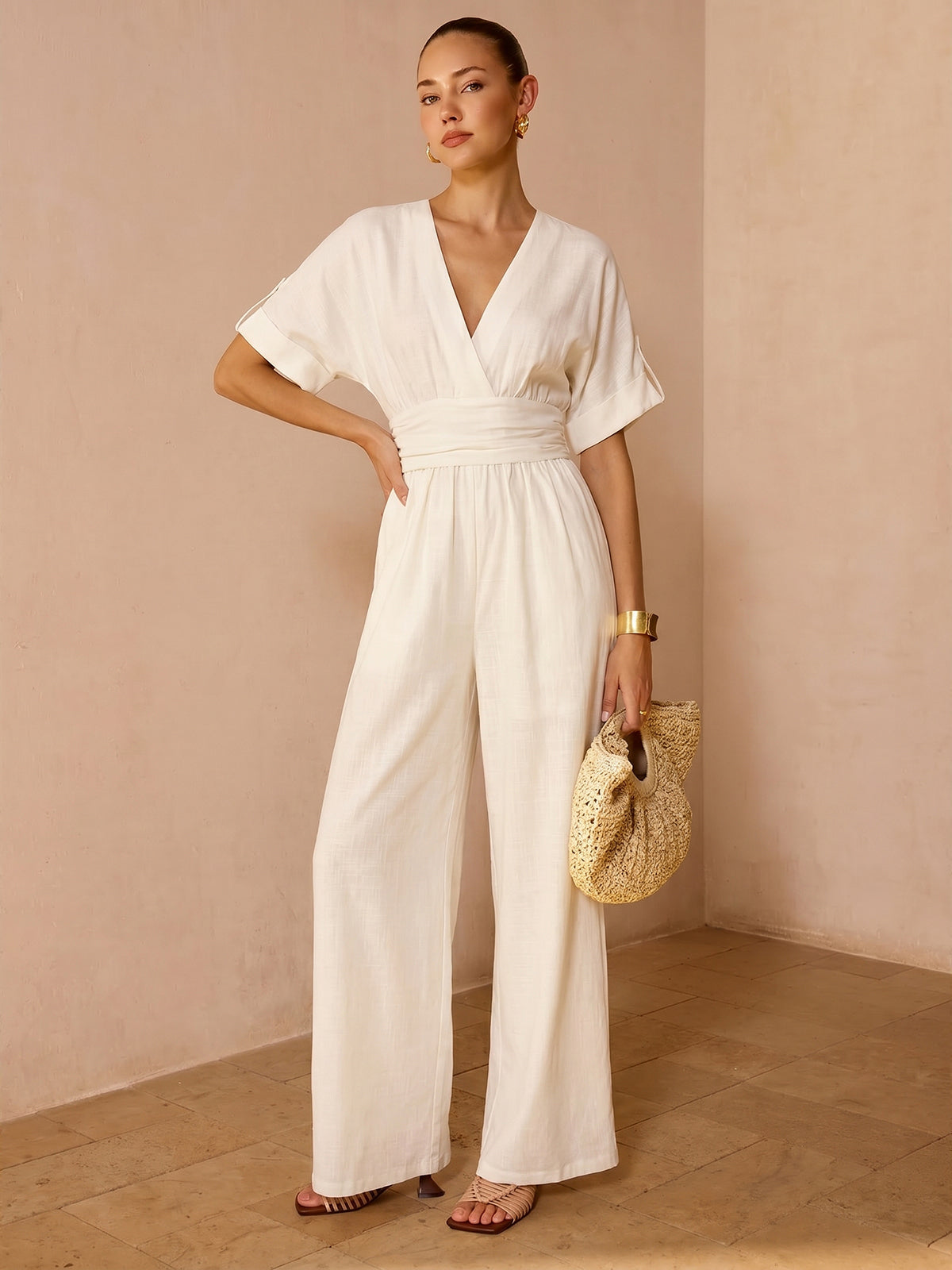 Tencel Blend Ruched Waist Wide Leg Jumpsuit for Women, Eco-Friendly Comfort Fit