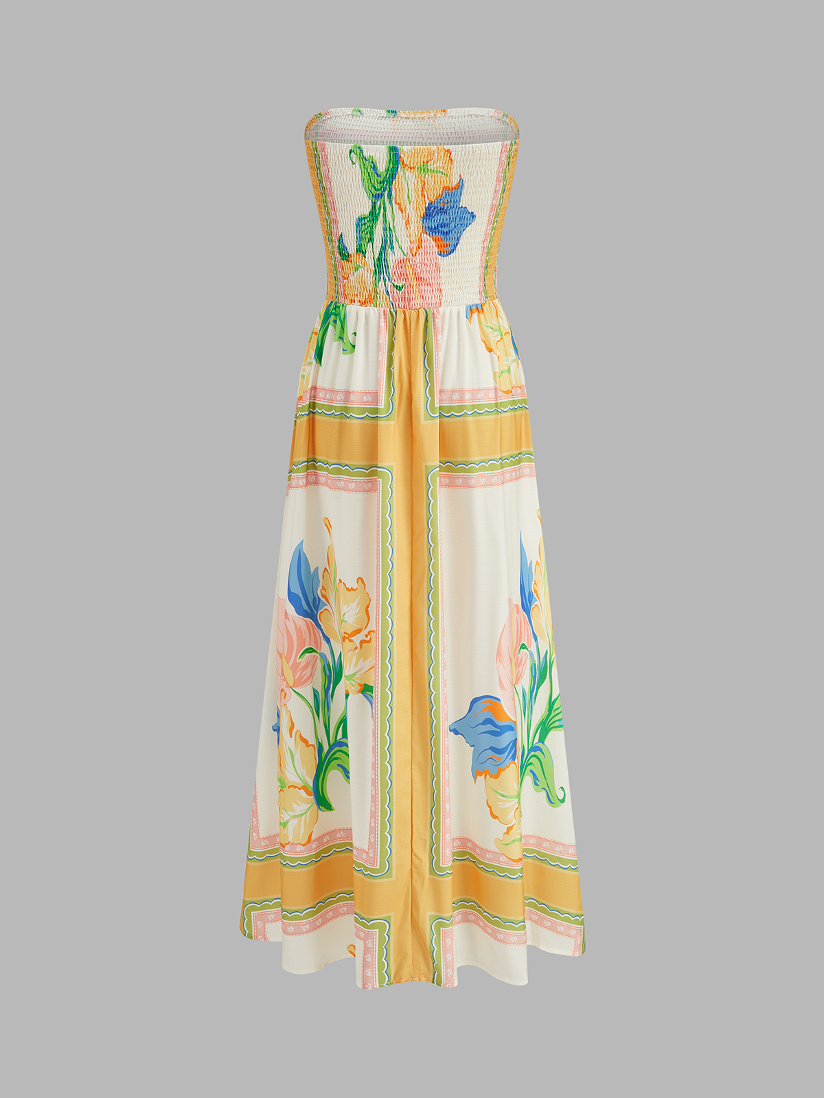 Smocked Bodice Strapless Floral Print Maxi Dress for Summer Weddings and Events