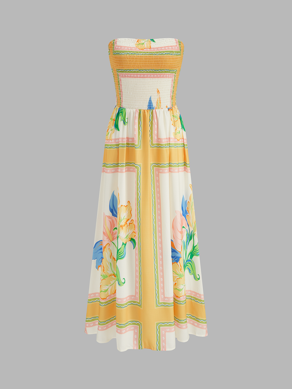Smocked Bodice Strapless Floral Print Maxi Dress for Summer Weddings and Events