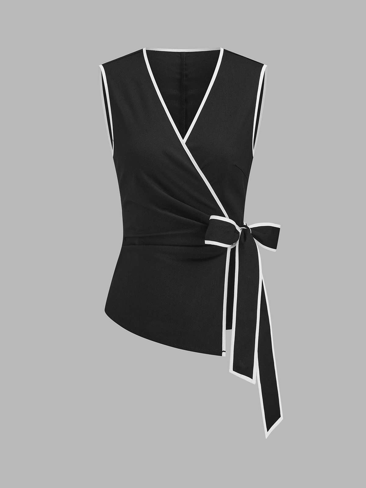 Linen Blend Contrast Trim Tie Waist Blouse Women's Casual Top