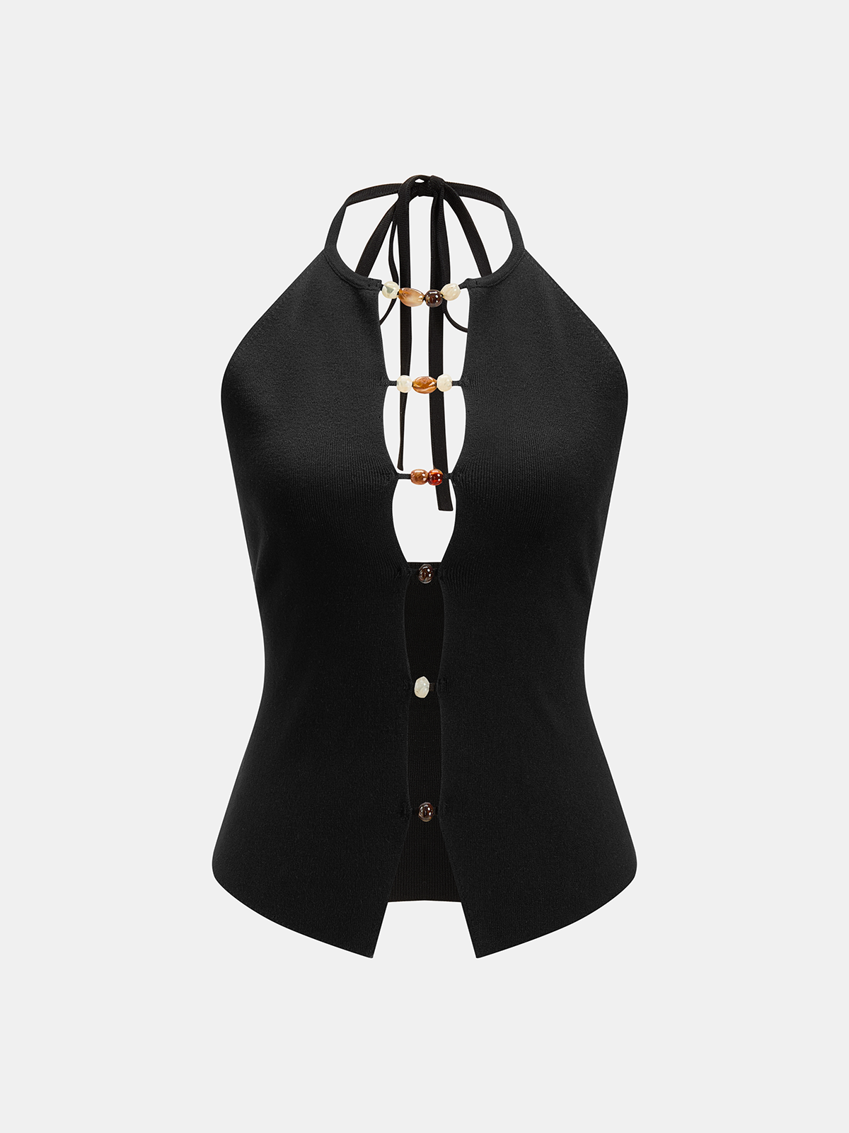 Beaded Cutout Halter Knit Tank Top with Stylish Back Detail