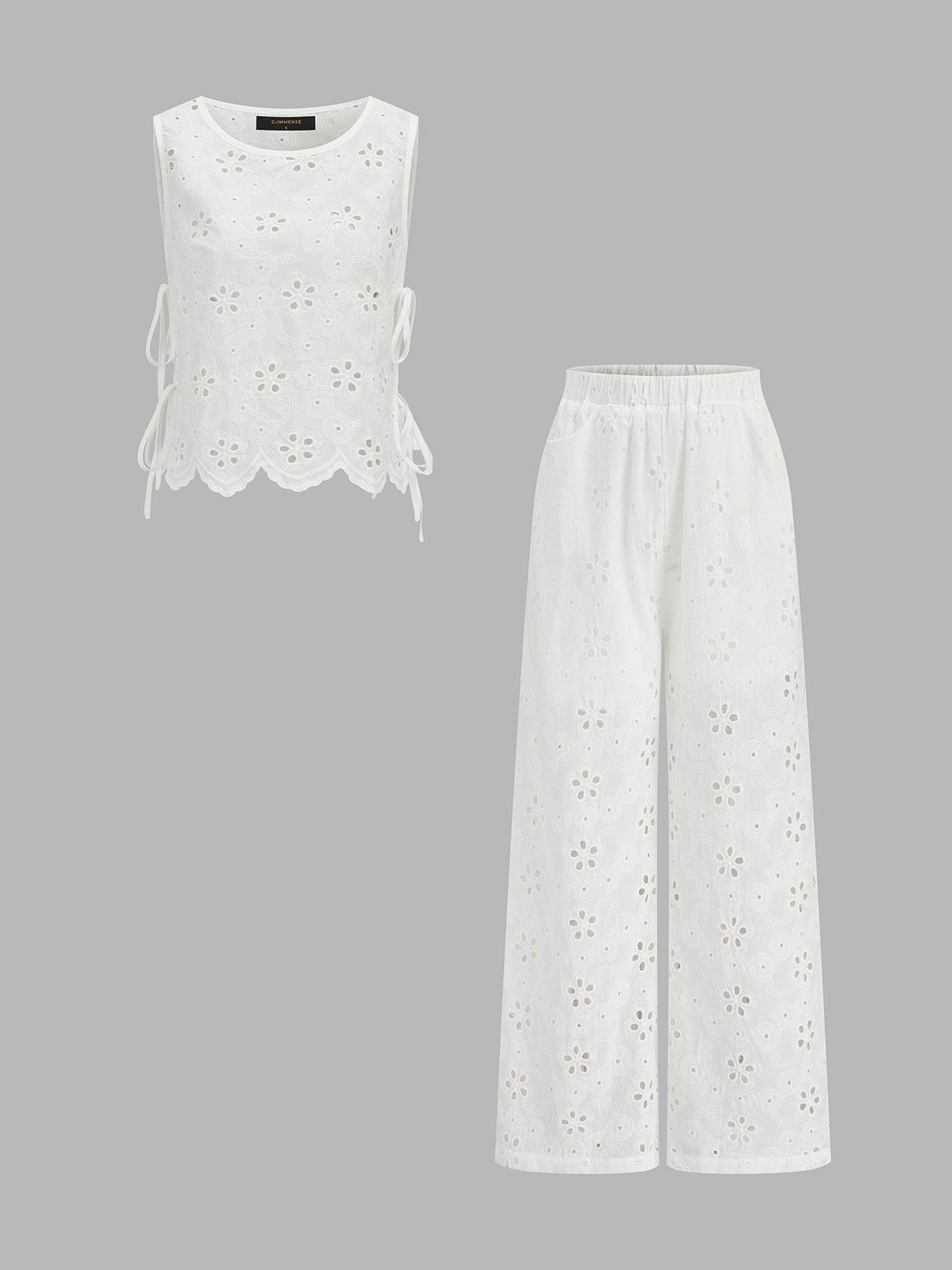 Eyelet Embroidery Two Piece Pants Set for Women, Casual Summer Outfit