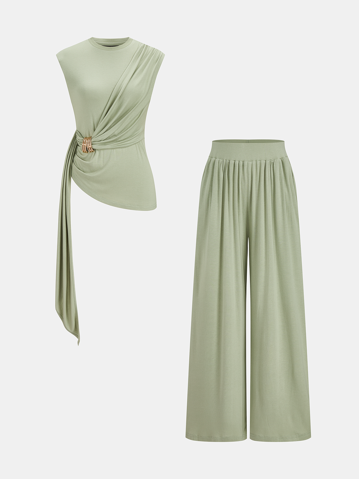 Draped Jersey Top & Wide-Leg Pants Set for Women Comfort Fit