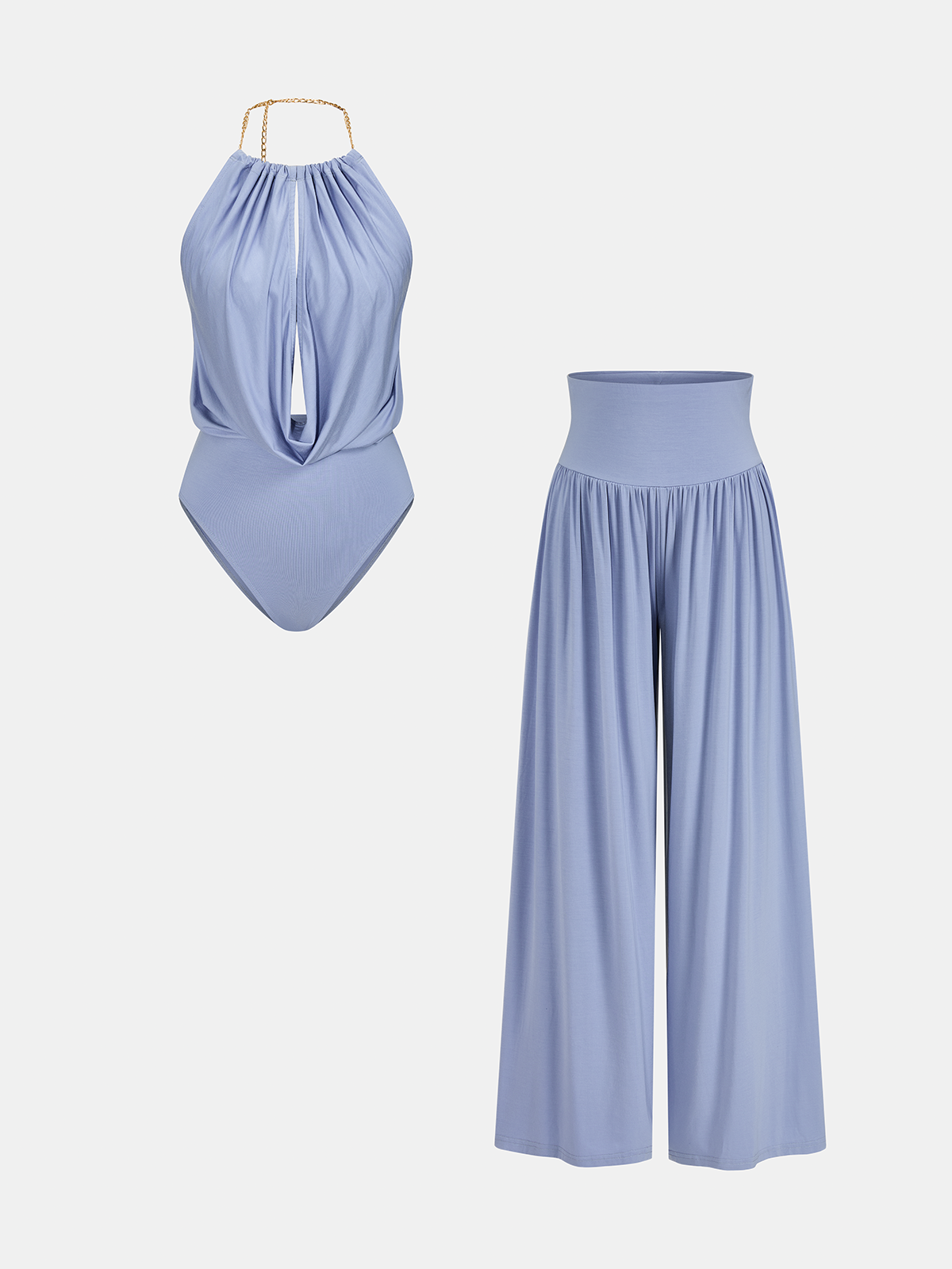 Chain Halter Bodysuit & High-Waisted Palazzo Pants Set for Elegant Evenings