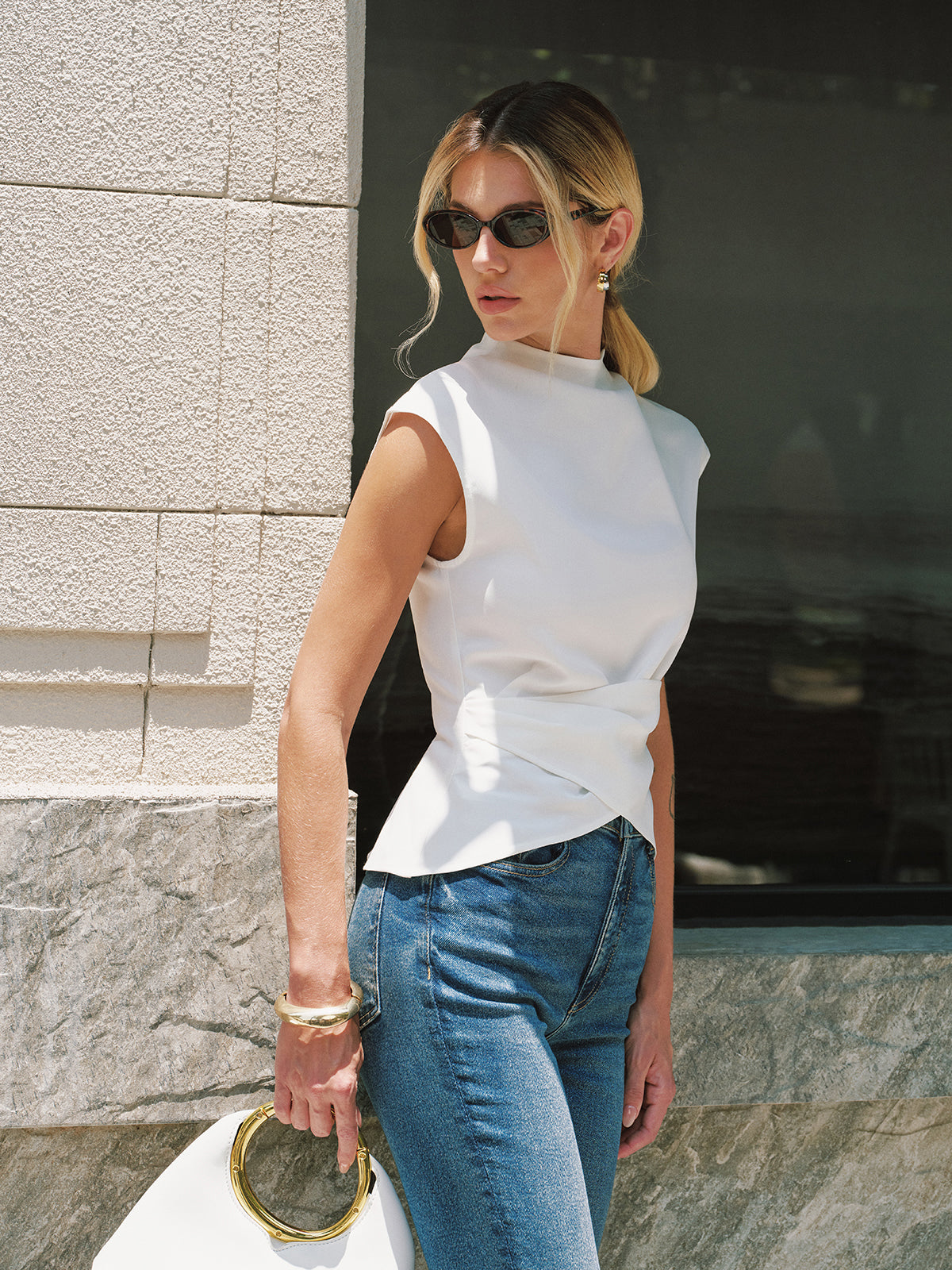 Mock Neck Sleeveless Asymmetrical Hem Blouse for Women Casual Wear
