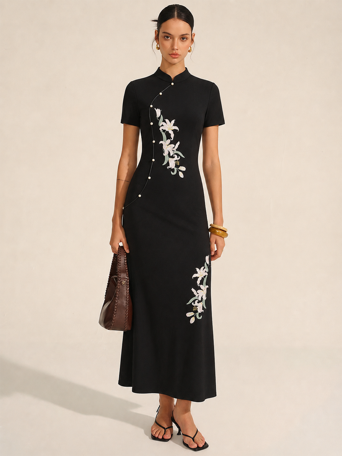 Floral Embroidered Cheongsam Maxi Dress for Women Traditional Elegance