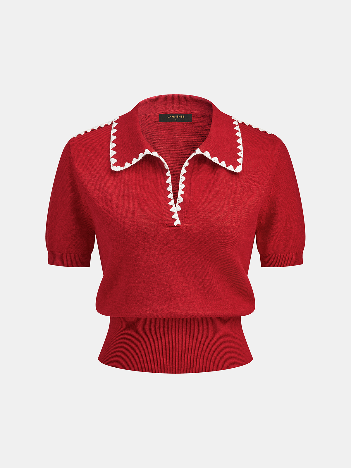 Scallop Trim Collared Short Sleeve Knit Top for Women Comfort Fit