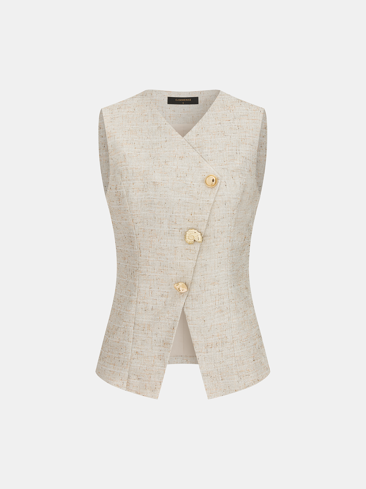 Textured Asymmetric Buttoned Vest with Unique High Collar Design