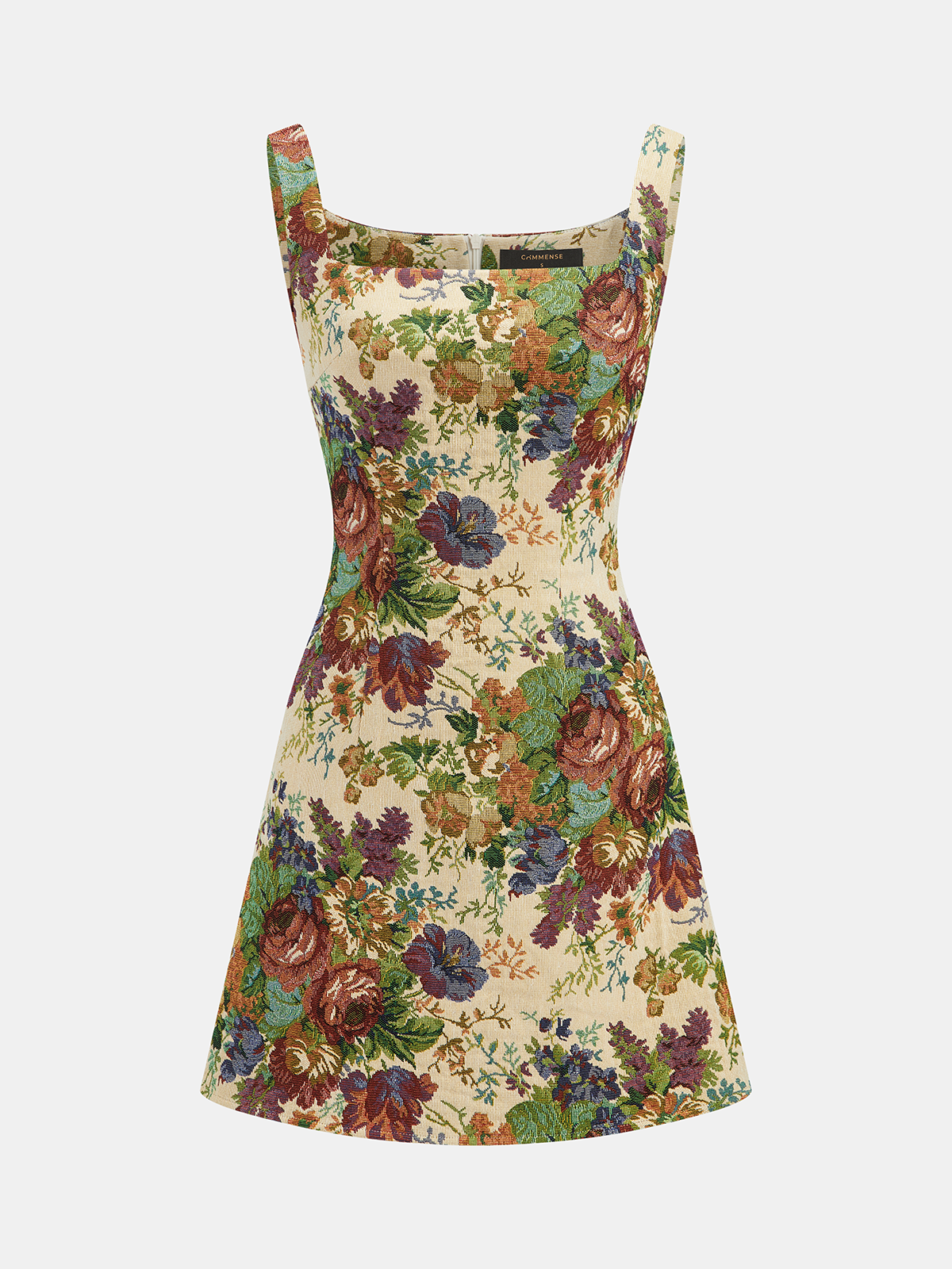 Vintage Floral Tapestry Square Neck Mini Dress with Puff Sleeves and Ruffles