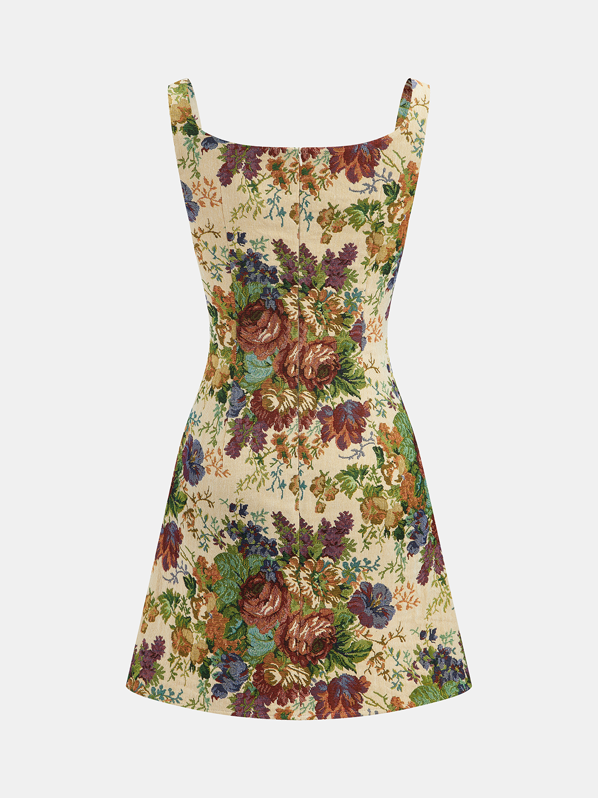 Vintage Floral Tapestry Square Neck Mini Dress with Puff Sleeves and Ruffles