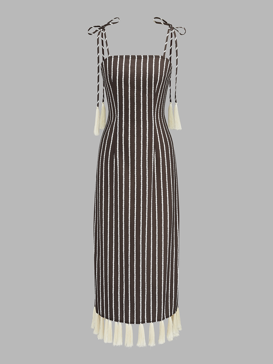 Striped Tassel Tie-Strap Midi Dress Flowy Summer Women's Fashion