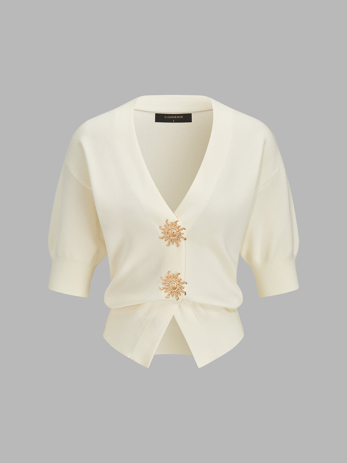 Decorative Sun Button Short Sleeve Knit Cardigan with Ribbed Trim Detail