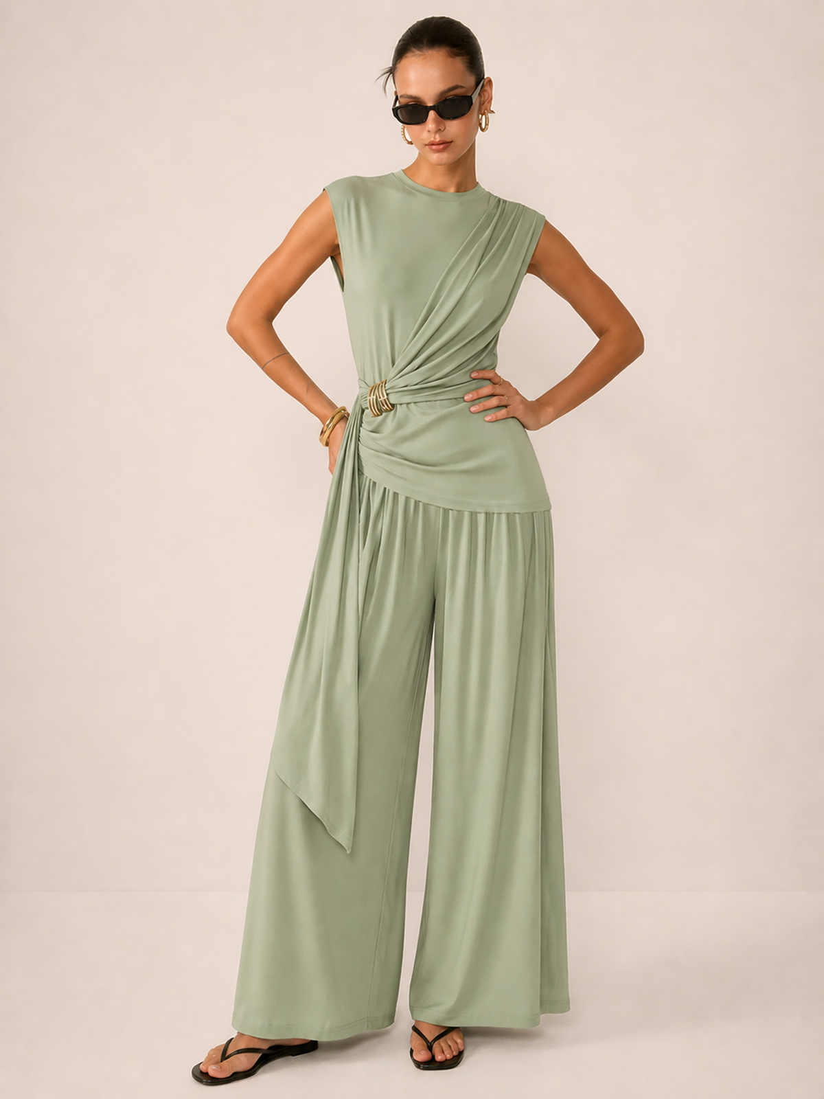 Draped Jersey Top & Wide-Leg Pants Set for Women Comfort Fit