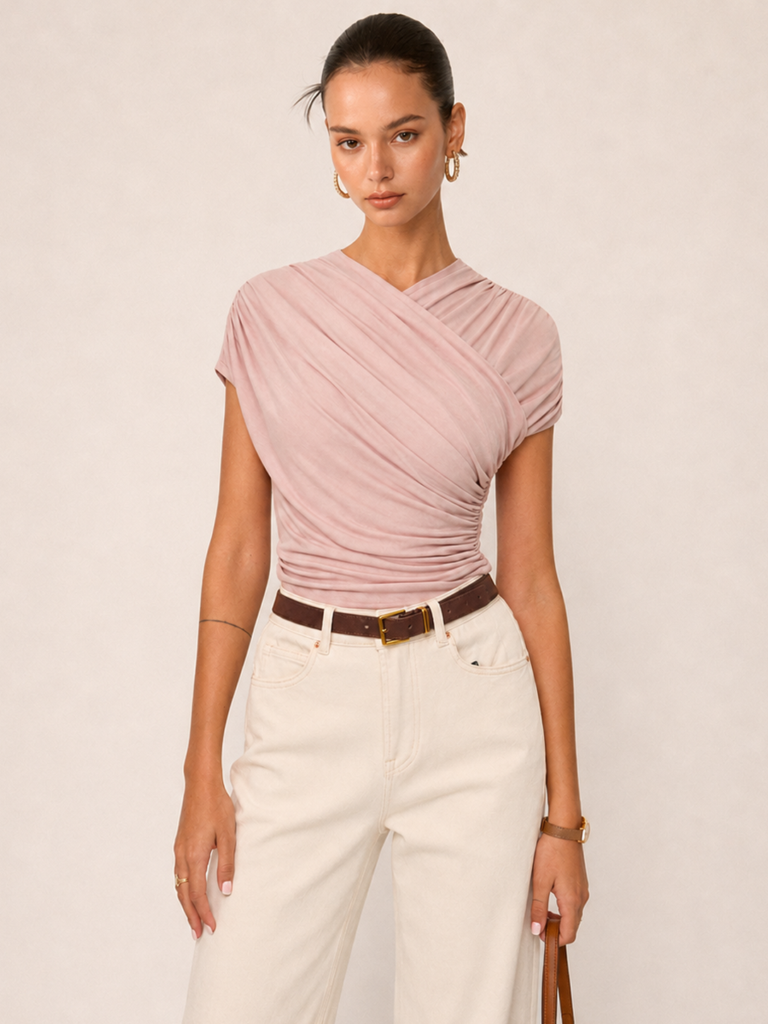 Wrap-Front Ruched Short Sleeve Top for Women Casual Everyday Wear
