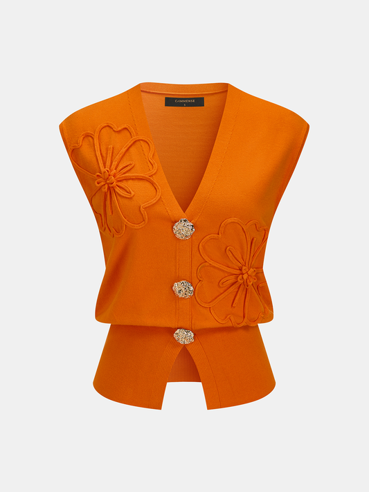 3D Floral Appliqué Knit Vest for Women Casual Spring Wear