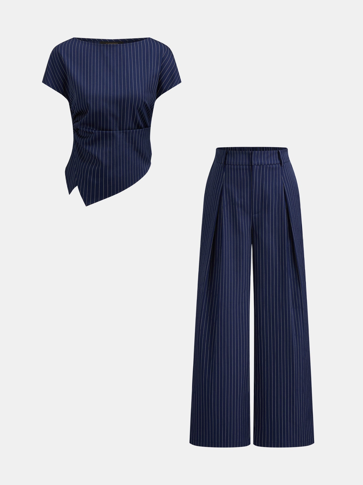 Asymmetric Pinstripe Top & Pleated Pants Set with Matching Belt