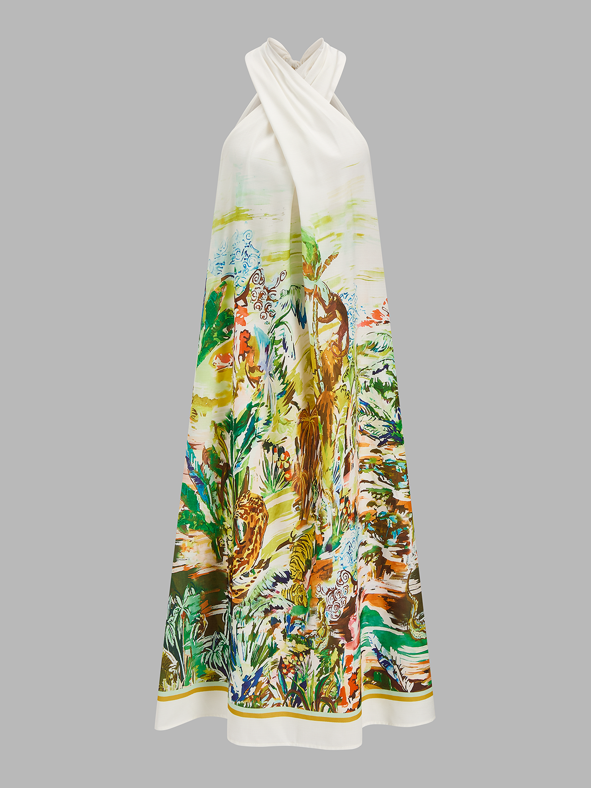 Cross-Neck Tropical Watercolor Print Maxi Dress for Summer Beachwear