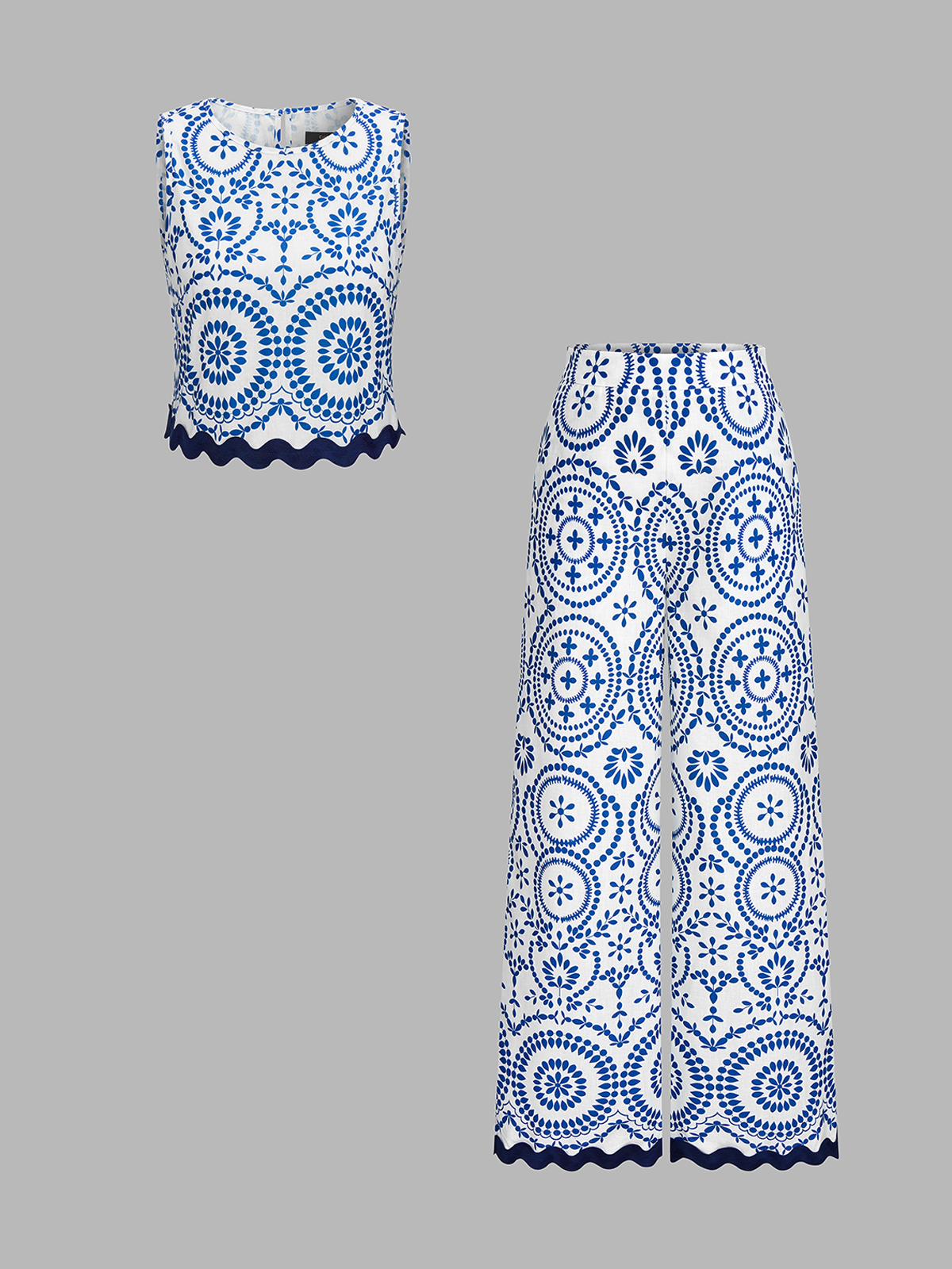 Scalloped Hem Printed Top & Pants Set for Women Spring Fashion