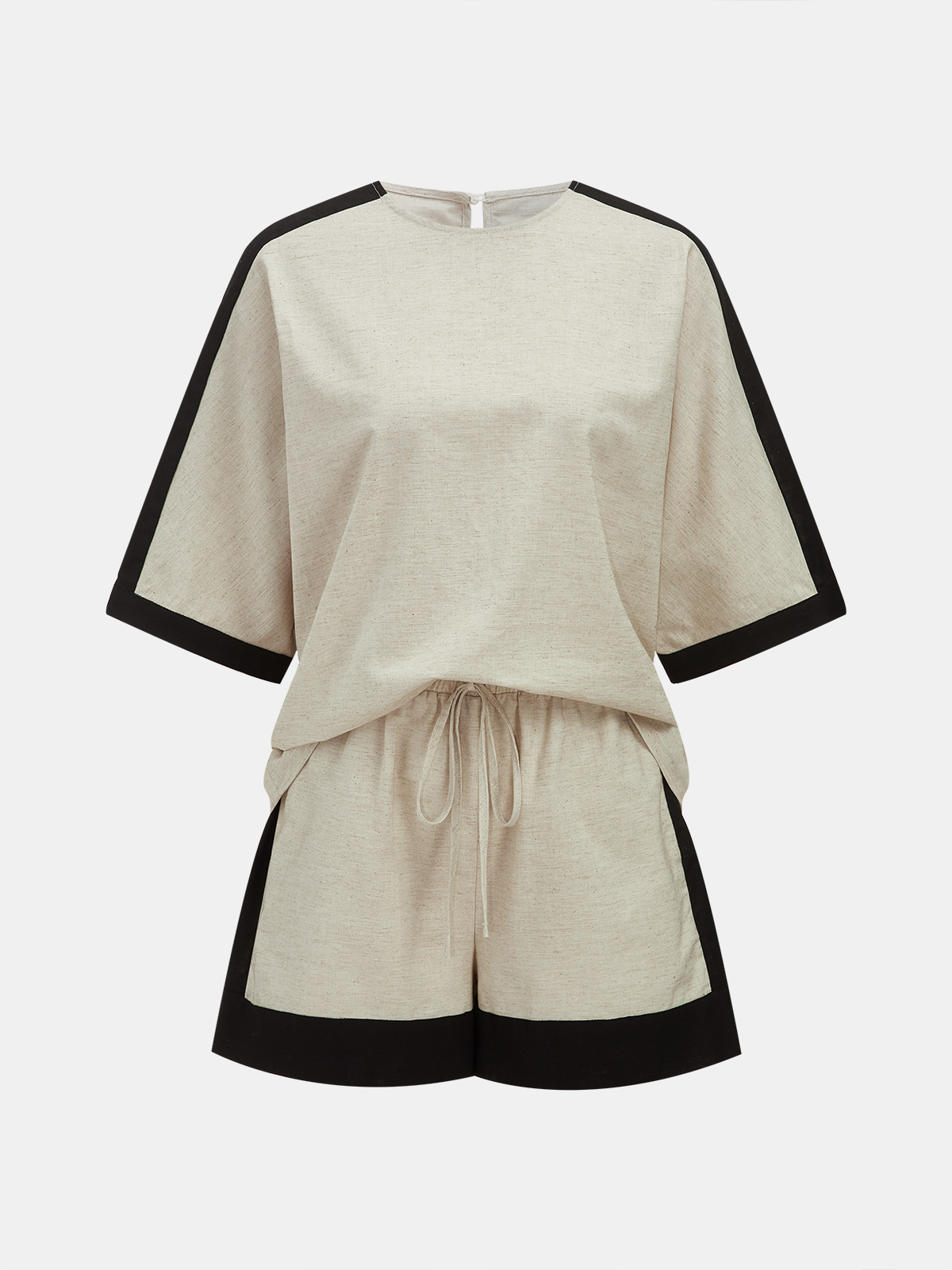 Cotton Linen Contrast Trim Top & Shorts Set for Women Casual Summer Wear
