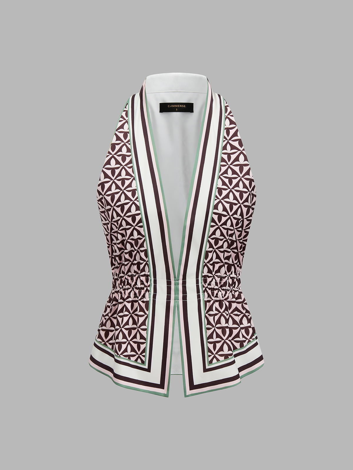 Geometric Print Cinched Waist Satin Top - Women's Fashion Blouse