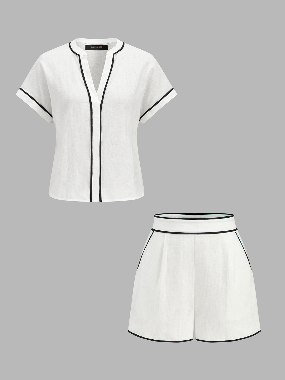 Cotton Linen Contrast Trim Top & Shorts Set for Casual Wear
