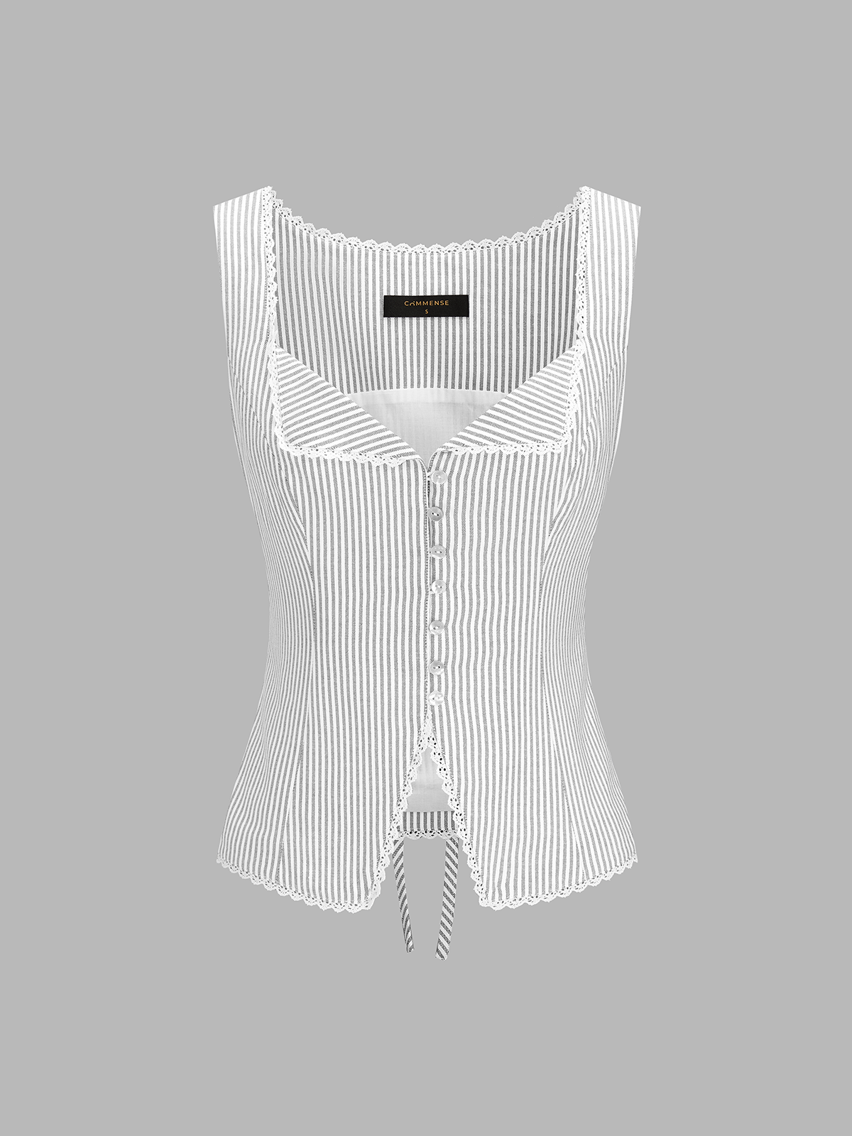 Striped Lace Trim Button-Front Tank Top with Adjustable Straps for Women