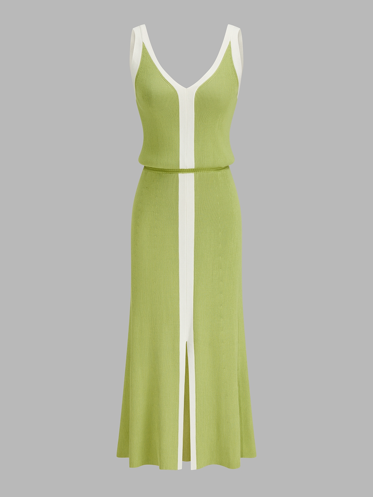 Contrast Trim Slit-Front Ribbed Knit Maxi Dress for Women, Stylish Long Sleeve - Ideal for Evening Events