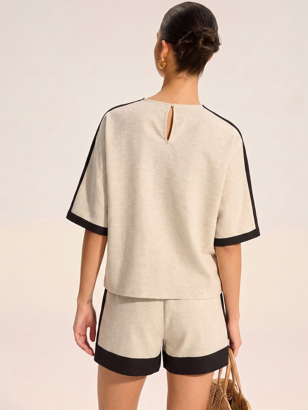 Cotton Linen Contrast Trim Top & Shorts Set for Women Casual Summer Wear