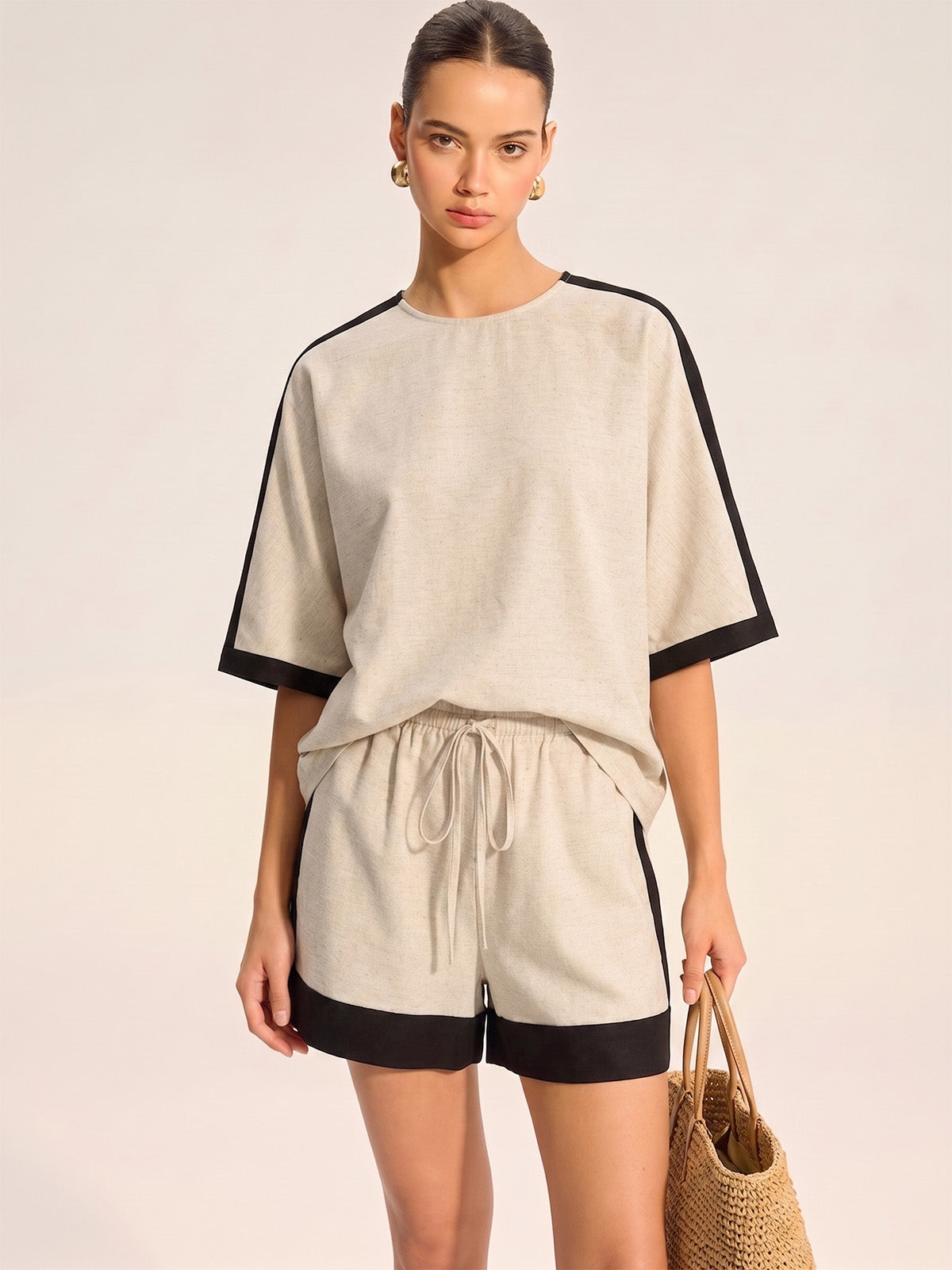 Cotton Linen Contrast Trim Top & Shorts Set for Women Casual Summer Wear
