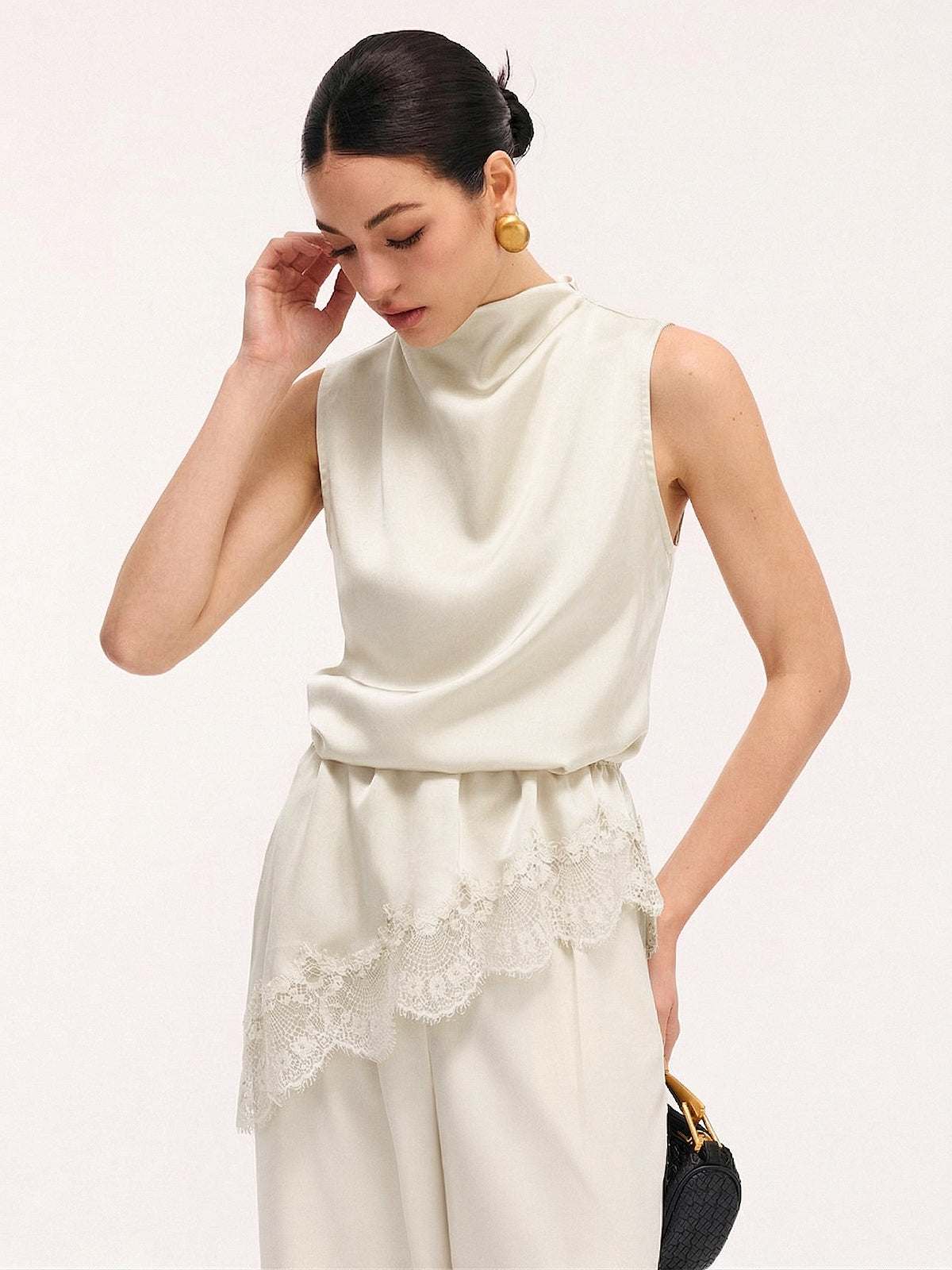 Lace Trim Satin Sleeveless Blouse Elegant Casual Summer Top