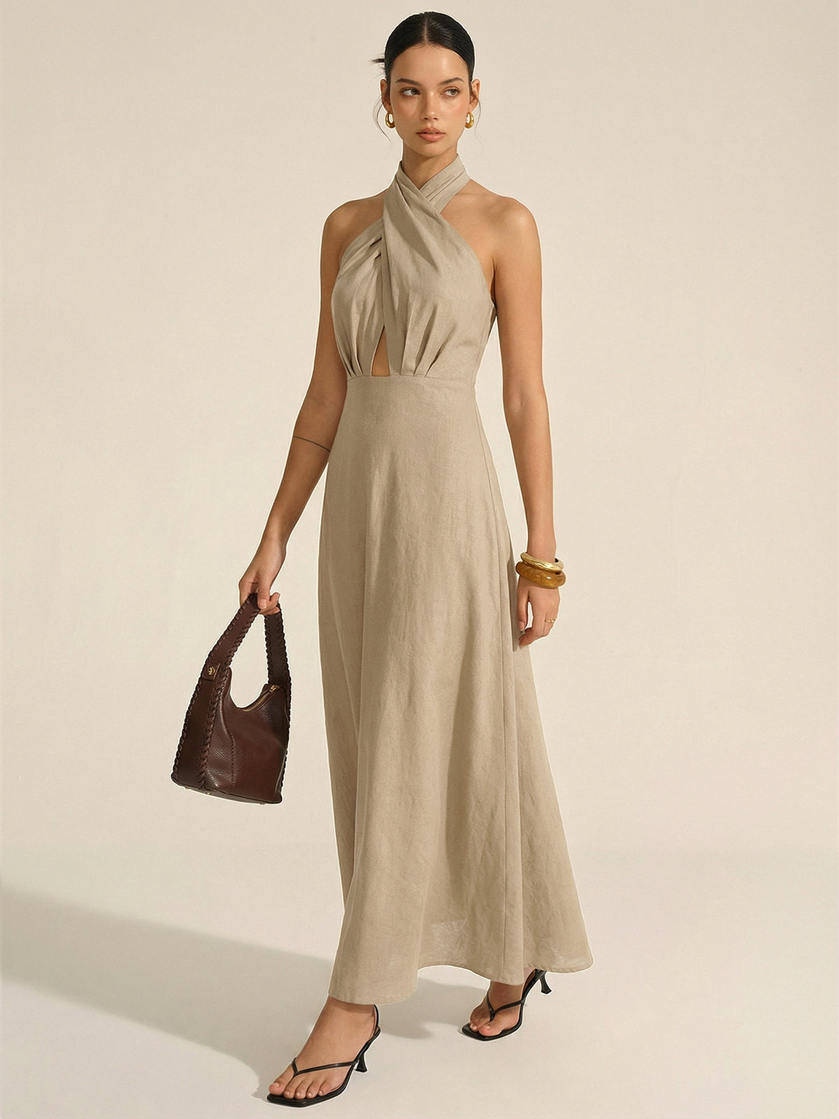 Cotton Linen Halter Neck Cut-Out Maxi Dress for Summer Beachwear