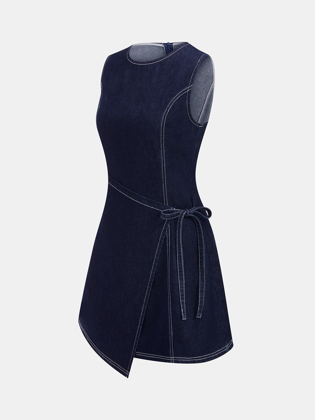 Sleeveless Denim Wrap Mini Dress Adjustable Tie Waist Women