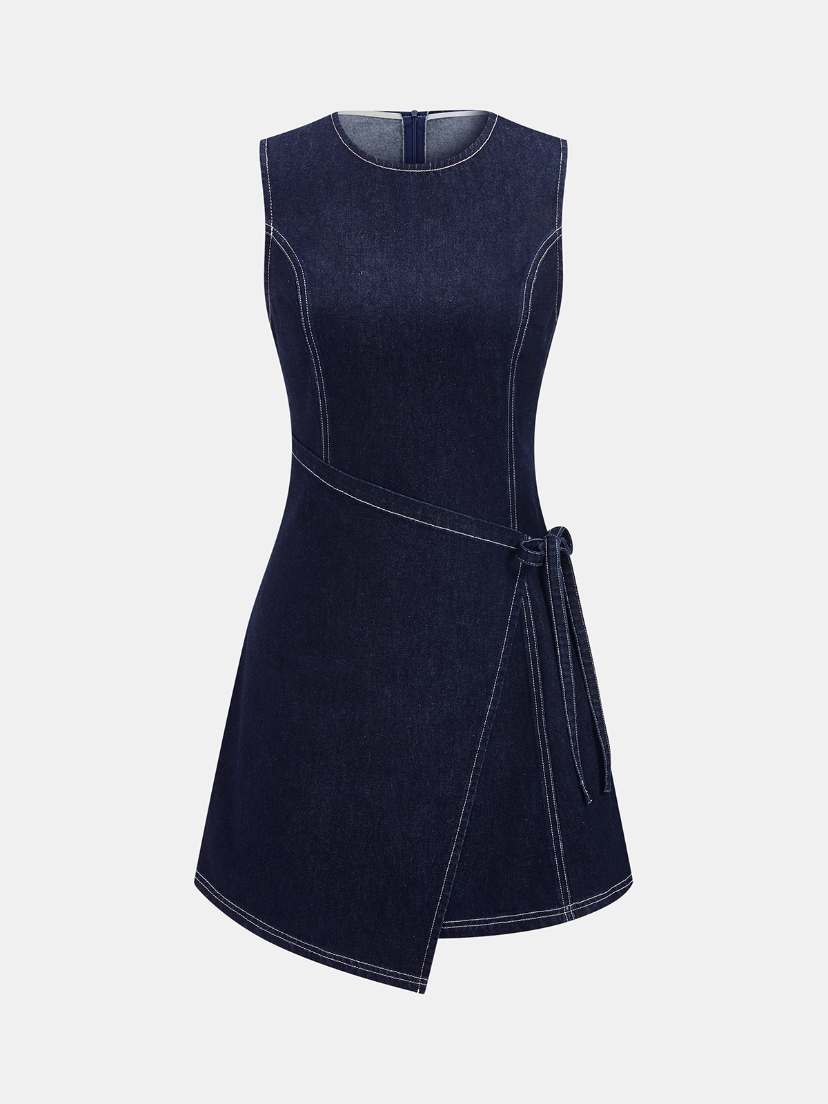 Sleeveless Denim Wrap Mini Dress Adjustable Tie Waist Women