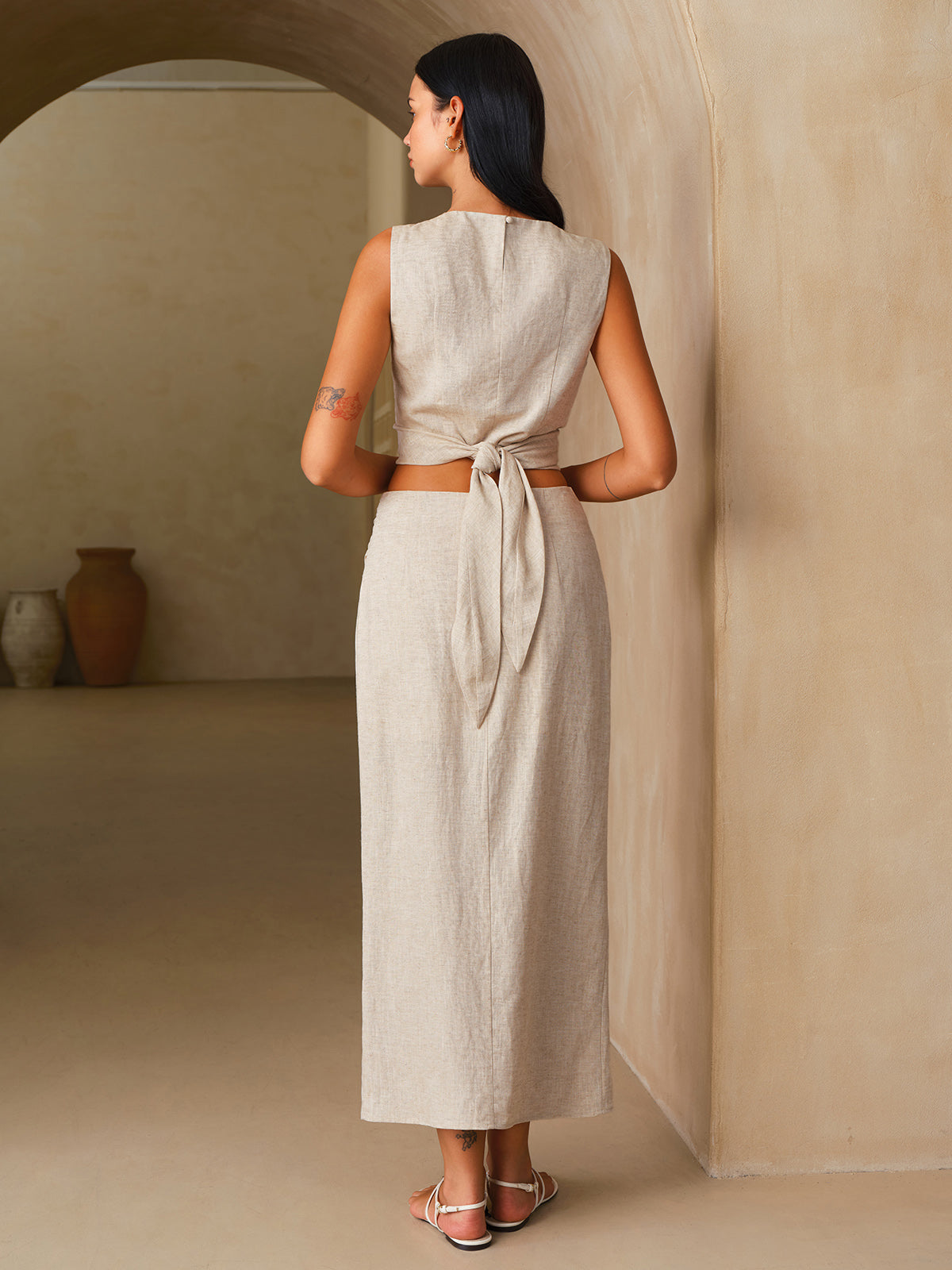 Linen-Blend Knot-Back Top & Wrap Skirt Set for Summer Outfits
